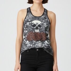 Skull Rose Graphic Racerback Tank Top Black Gray Stretch Gothic Women's
